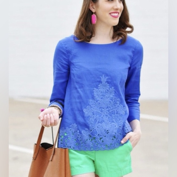j crew NWOT blue linen embroidered blouse Back Zipper Size 6 Career Summer - Picture 1 of 11